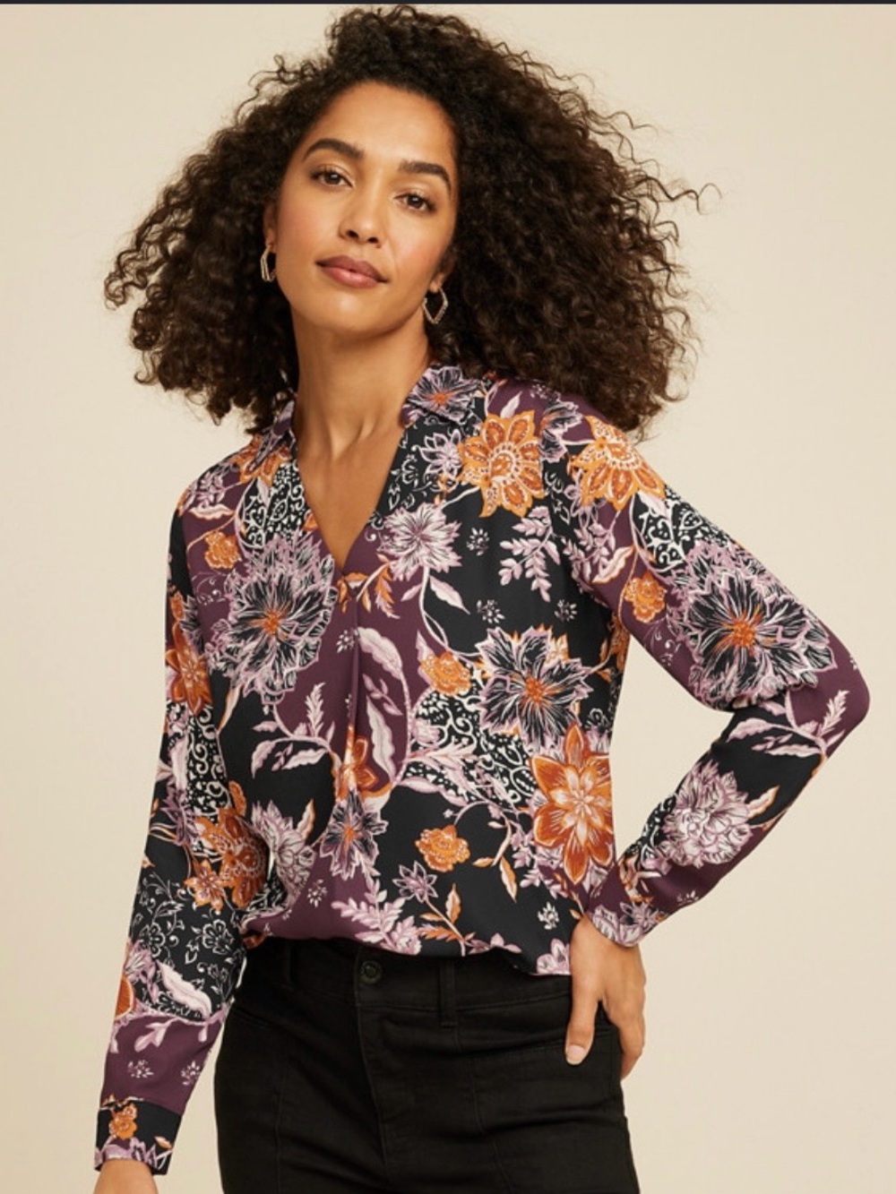 Maurices Atwood Floral Pleated Long Sleeve V-Neck Blouse Sz L Purple Multicolor